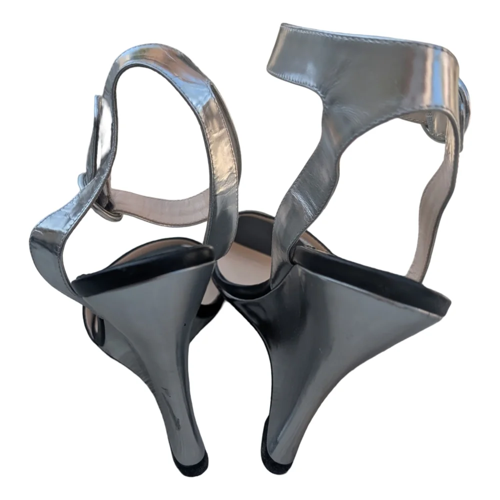 Barneys New York Silver Wedge Sandals Size 9 Ankle Strap Heels Designer Formal